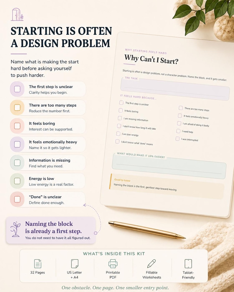 May include: A printable worksheet titled Why Can't I Start? with sections for identifying tasks and obstacles. The document includes a list of reasons why starting feels hard, a gold pen, and a footer detailing 32 pages, US Letter and A4 sizes.