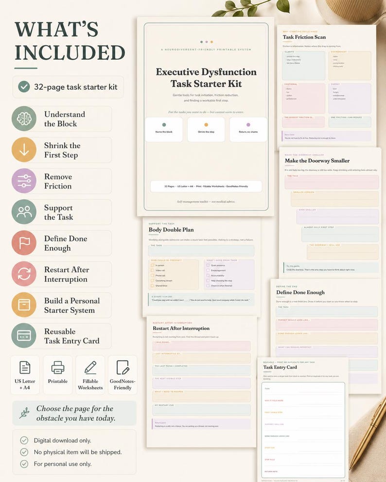 May include: A 32-page Executive Dysfunction Task Starter Kit printable system featuring various worksheets with pastel-coloured sections. The pages include titles like Task Friction Scan, Body Double Plan, and Task Entry Card, designed for task management.