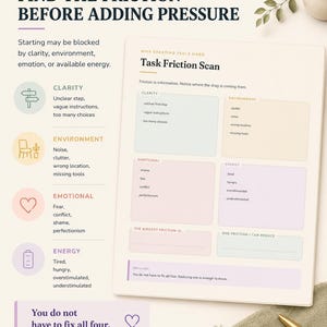 May include: A Task Friction Scan worksheet with sections for clarity, environment, emotional, and energy factors. The document includes text prompts to identify obstacles, with a footer stating, You do not have to fix all four. The design uses soft pastel colours and clear headings to guide the user through a self-reflection process for productivity.