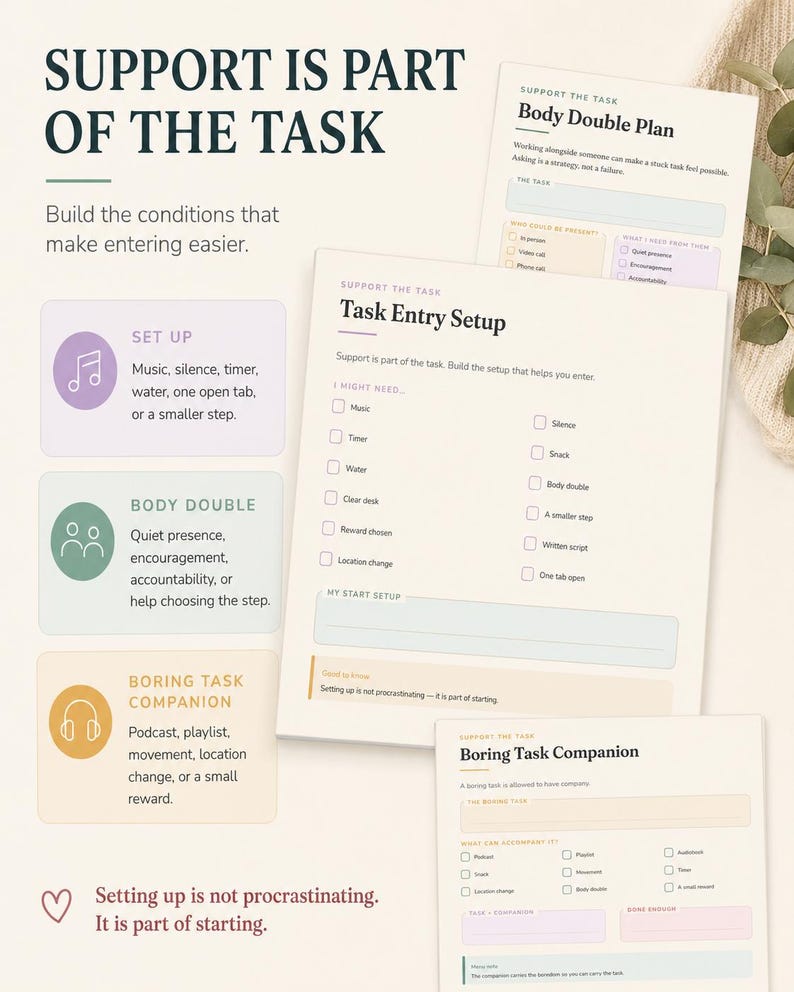 May include: A set of task planning worksheets titled Support is Part of the Task, Task Entry Setup, Body Double Plan, and Boring Task Companion. The documents feature checklists, text fields, and icons in soft pastel colours on a white background.