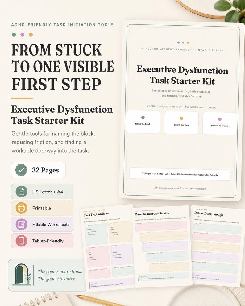 May include: A 32-page Executive Dysfunction Task Starter Kit printable system. The document features sections titled Task Friction Scan, Make the Doorway Smaller, and Define Done Enough. It includes fillable worksheets for US Letter and A4 sizes.