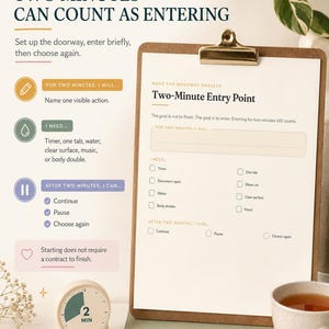 May include: A clipboard with a Two-Minute Entry Point worksheet, featuring sections for actions, needs, and choices. Beside it sits a small analogue timer set to two minutes, a ceramic mug, and a pen. The text includes instructions for task entry.