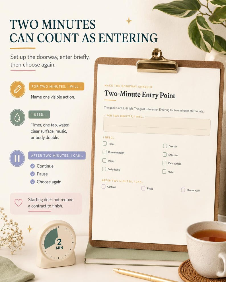 May include: A clipboard with a Two-Minute Entry Point worksheet, featuring sections for actions, needs, and choices. Beside it sits a small analogue timer set to two minutes, a ceramic mug, and a pen. The text includes instructions for task entry.