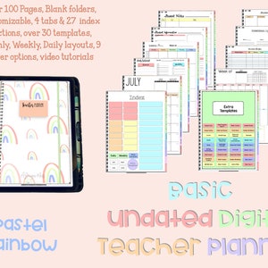 May include: A digital teacher planner with a pastel rainbow cover. The planner includes over 100 pages, blank folders, customizable tabs, index sections, templates, and video tutorials. The planner is undated and includes monthly, weekly, and daily layouts.