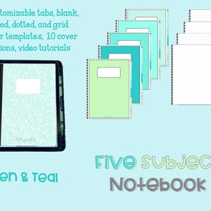 May include: A five-subject notebook with customizable tabs, blank, lined, dotted, and grid paper templates. The notebook has a green and teal color scheme and includes 10 cover options and video tutorials.