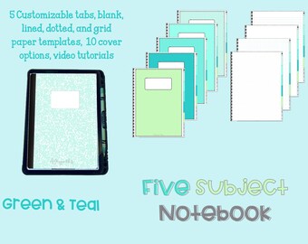 5 Subject Digital Notebook {Green & Teal}