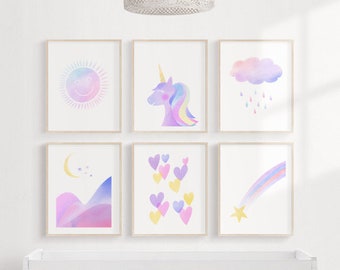 Pastel Unicorn Nursery Art Prints, Set of 6 (Digital Download)