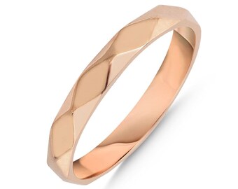 8K Solid Gold Faceted Wedding Band Ring, Geometric Faceted Ring, Geometric Engagement Ring, Stackable Rings For Women, Gold Wedding Ring