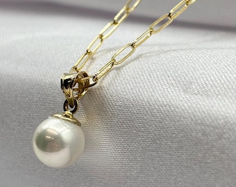 14K Solid Gold Pearl Necklace: Paperclip Chain Solitaire