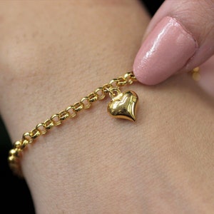 14K Gold Heart Rolo Link Chain Bracelet, Puffy Heart Bracelet, Dainty Gold Layering Bracelet, Gift for Her, Stacking Bracelet