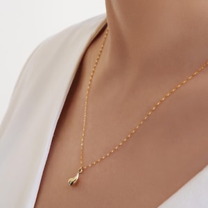 14k Solid Gold Teardrop necklace, waterdrop necklace, pear drop necklace, dainty gold necklaces, Gold Puffy Teardrop Necklace