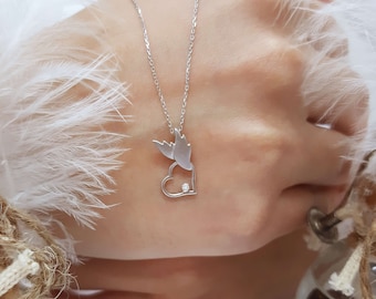 Diamond Heart Angel Wing 925 Sterling Silver Necklace