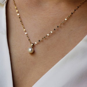14K Solid Gold Pearl Necklace, Minimalist Design, Gift for Her, Pearl Necklace, Freshwater Pearl Necklace