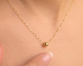 14k Solid Yellow Gold Ball Necklace: Dainty Charm Chain