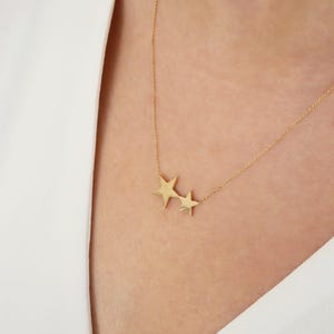 14K Solid Gold Two Star Pendant Necklace for Women , 14K Gold Small Star Pendant Necklace, Celestial Star Necklace, Small Star Necklace