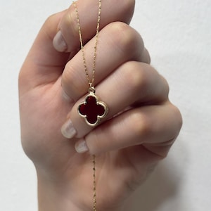 14K Gold Clover Necklace: Black Onyx, Red Carnet, Mother of Pearl, Red Carnelian Four Leaf Pendant