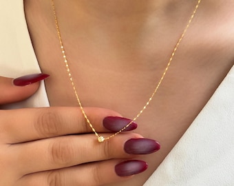 4 mm Super Mini Dorica Ball Gold Necklace – Delicate Dainty Chain with Tiny Stone – Minimalist Everyday Jewelry