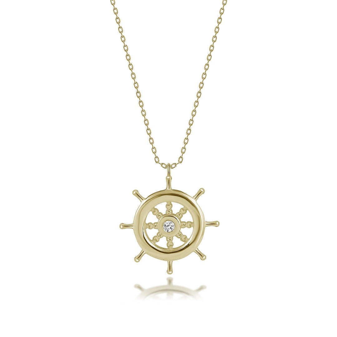 Diamond Sterling Silver Ship Steering Wheel Pendant, Round Ship