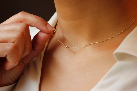 8K Solid Gold Ball Necklace: Minimalist Tiny Bead Dorica Chain