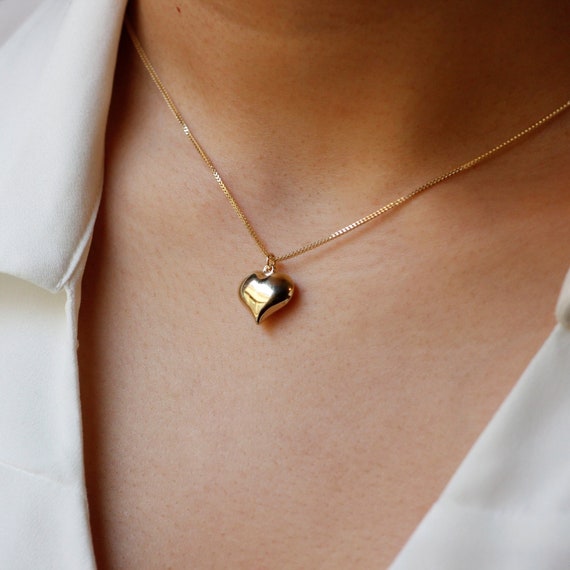 14K Gold 3D Heart Necklace, Real Gold Heart Necklace, 3D Puffy Heart  Pendant, Love Necklace, Gift for Her