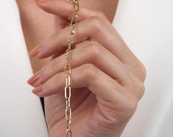 Pulsera de eslabones con clip de papel de oro macizo de 14 quilates: cadena no hueca