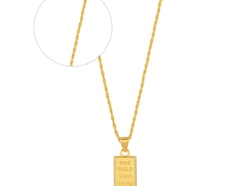 14K Gold Bar Pendant Necklace – Fine Gold 999.9, Rope Chain