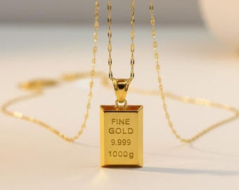 14K Gold Bar Pendant Necklace | Engraved Ingot Charm