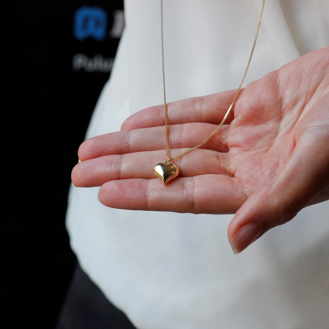 14K Gold 3D Heart Necklace, Real Gold Heart Necklace, 3D Puffy