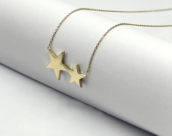 14K Solid Gold Two Star Pendant Necklace: Celestial Jewelry Gift