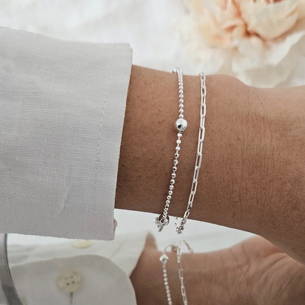 SALE!  Set of 2 Everyday Layering Bracelets Duo Silver Chain Bracelet Dainty Simple Bracelet Silver Sterling Bracelet Bridesmaid Bracelet