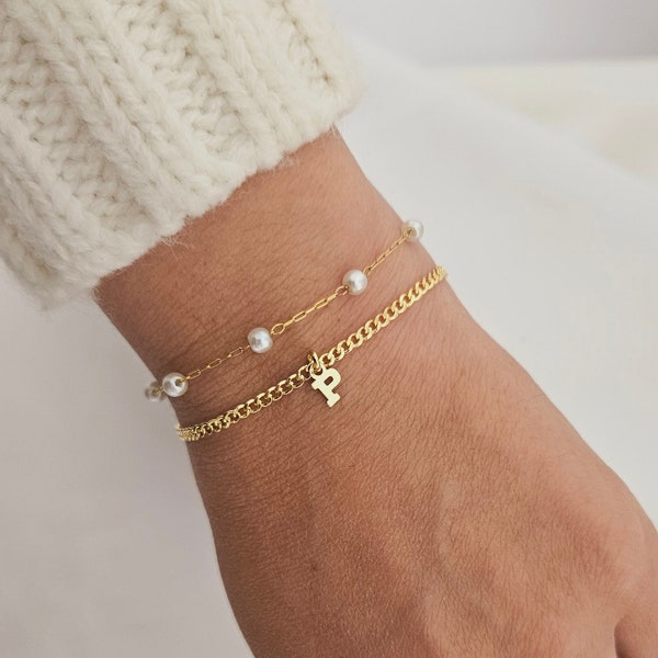 Custom Set of 2 Everyday Layering Bracelets Letter Gold  Bracelet Dainty Simple Bracelet 18k Gold Filled Pearl Bracelet Bridesmaid Bracelet