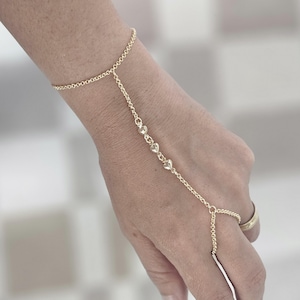 18K Gold Filled Beaded Hand Chain Bracelet with Ring: Boho Wedding Jewelry