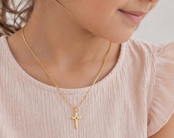Engraved Initial Gold Cross Necklace: Dainty Girl Baptism Gift