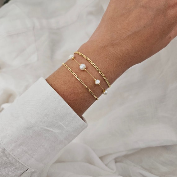 Bracciale di perle placcato oro 18 carati, catena in acciaio inossidabile regolabile regalo di amicizia per donna  36