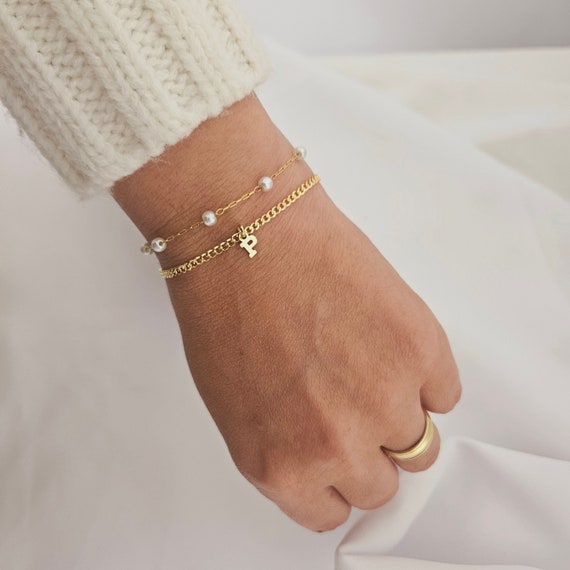 Custom Set of 2 Everyday Layering Bracelets Letter Gold Bracelet 