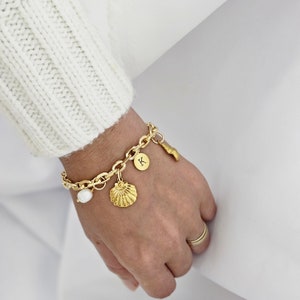18K Gold Filled Charm Bracelet: Custom Initial, Waterproof Jewelry