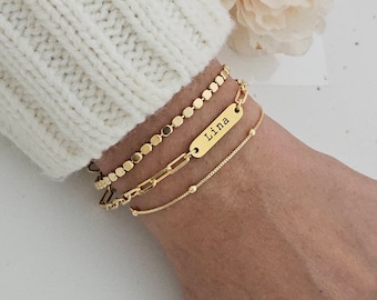 Custom Name Bar Bracelet Set: 18K Gold Filled Personalized Friendship Jewelry