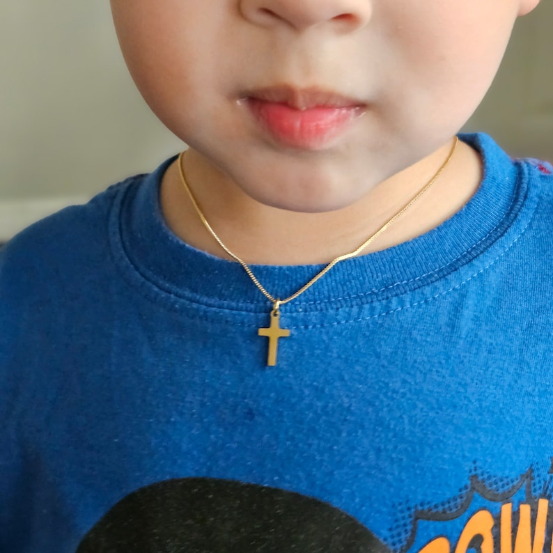 Engraved Initial Children's Gold Cross Necklace Gold Kids Dainty Cross Necklace Baptism Gift for Her Toddler Baby Girl Cross Unisex Cross image 5