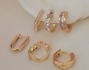 VENTE 3 paires de boucles d'oreilles Set 18K Gold Filled, Huggie Hoop Stack Earring Gift Set, Huggie Hoop Boucles d'oreilles, Petit ensemble de boucles d'oreilles, cadeau pour elle