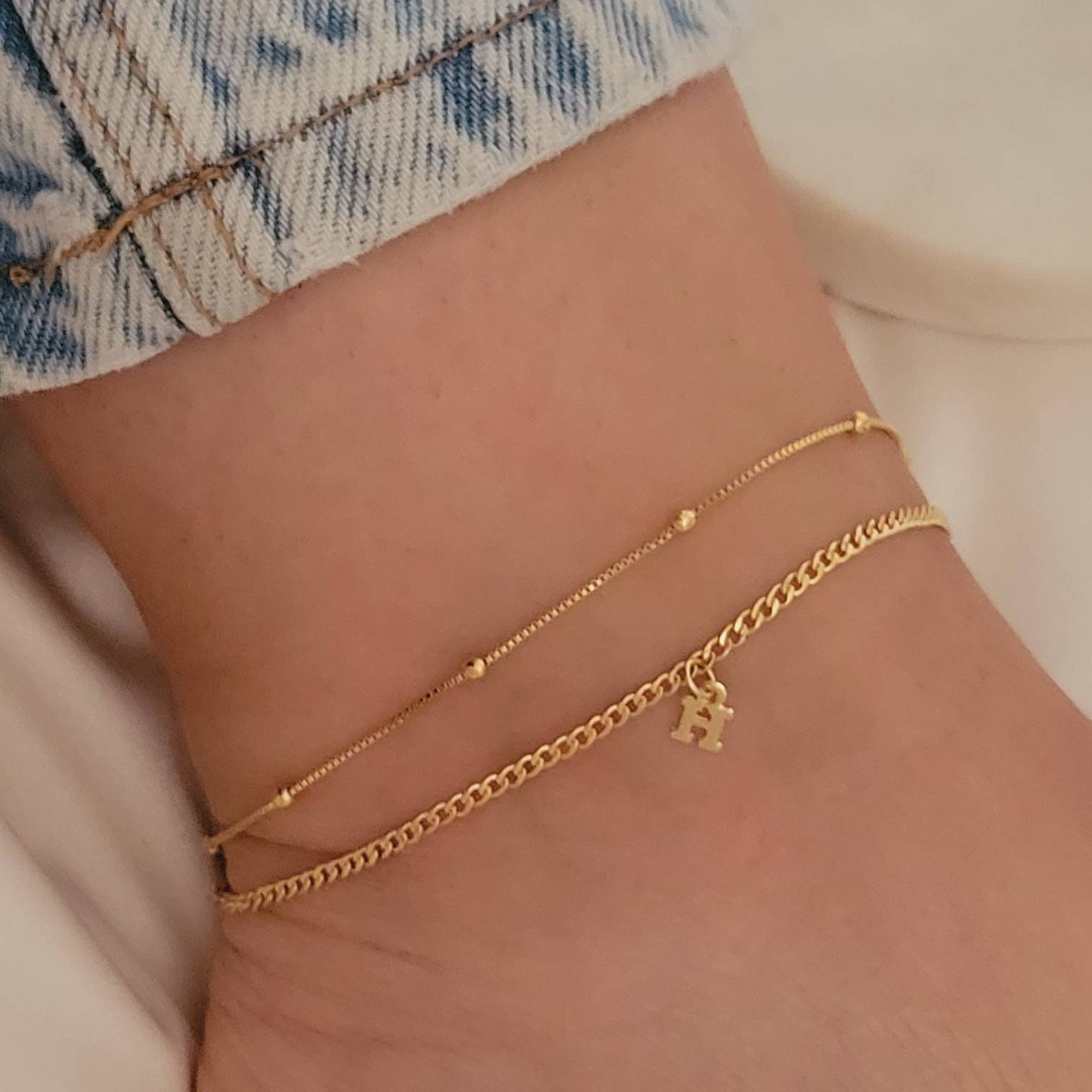 Inez Initial Bracelet/Anklet with Diamond - 14K Solid Gold