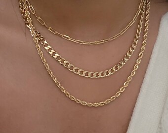 Ensemble de colliers de couches remplis d’or 18 carats, collier de chaîne en or, chaîne en or, collier de corde d’or, collier de trombone, tour de cou de chaîne à maillons en or