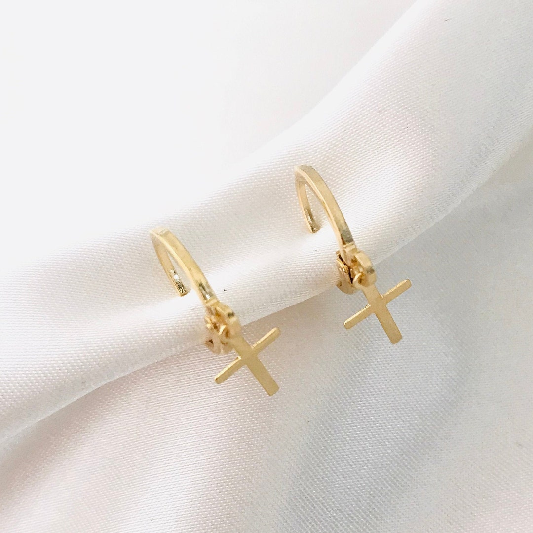 Gold Cross Earring/tiny Gold Hoops/ Hoop Earrings / Tiny Etsy