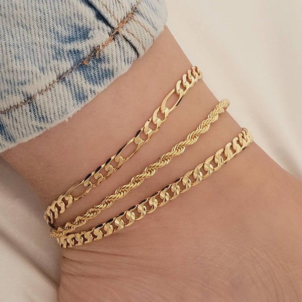 Dainty Anklet for Woman, Gold Rope Anklet, Gold Dainty Anklet Bracelet Set, Trendy Anklet Bracelet, Gold Anklet Chain, Gold Figaro Anklet