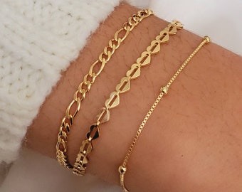 Gold Filled Bracelet Set: Figaro Chain, Heart Chain, Minimalist Layering