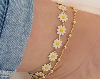 Multicolour Flower Charms Anklet, Summer Jewelry, Summer Indie Boho Daisy Floral adjustable Anklet, Dainty Anklet for Women, Bracelet Set