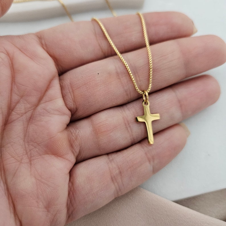 Engraved Children's Gold Cross Necklace Gold Kids Dainty Cross Necklace Baptism Gift for Her Toddler Baby Girl Cross Unisex Cross image 7