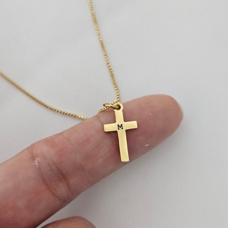 Engraved Initial Children's Gold Cross Necklace Gold Kids Dainty Cross Necklace Baptism Gift for Her Toddler Baby Girl Cross Unisex Cross Engraved Cross