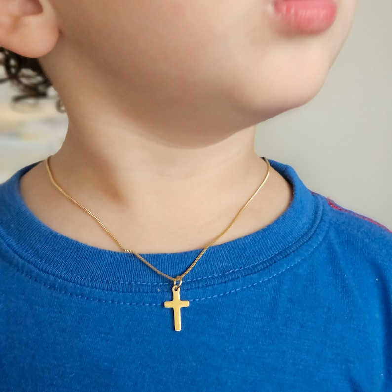 Engraved Children's Gold Cross Necklace Gold Kids Dainty Cross Necklace Baptism Gift for Her Toddler Baby Girl Cross Unisex Cross Simple Cross
