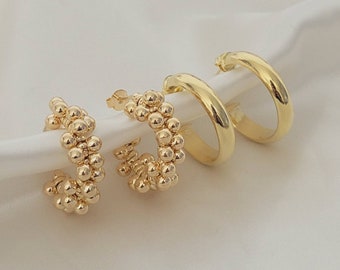 Gold beaded hoop Earring, Thick Chunky Earrings, Medium Ball Beaded Hoops , Dainty Hoops, Daily Wear Earrings, Anti Tarnish Hoops, Chunky