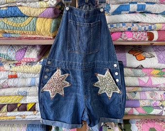 Repurposed Gap Denim Overalls Shorts Shortalls Upcycled Vintage Quilt Patchwork Boho Quilt Patches Star Applique